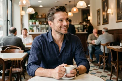 Homme séduisant et épanoui souriant dans un café parisien, illustrant le thème de l'amour et de la séduction masculine