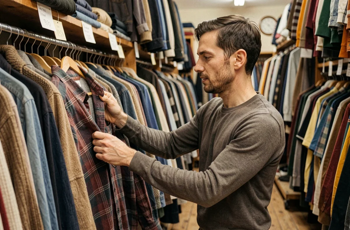Homme inspectant une chemise usée dans une friperie, évoquant la longévité et le cycle de vie des vêtements