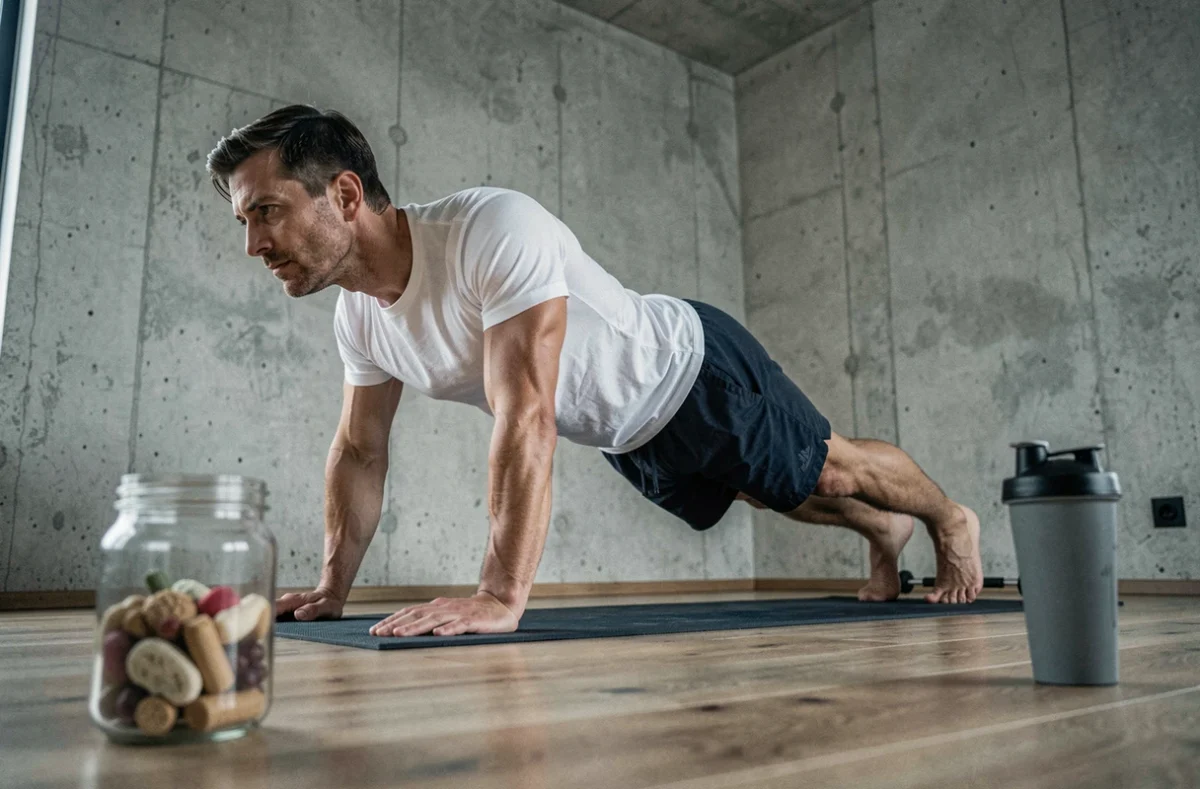 Homme en position de planche dans une salle de sport minimaliste avec des compléments alimentaires au premier plan, illustrant l'effort pour brûler la graisse du ventre