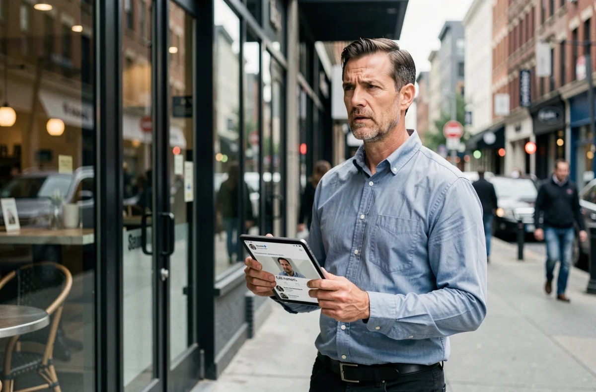 Homme tenant une tablette affichant un profil de réseau social avec son vrai nom en public