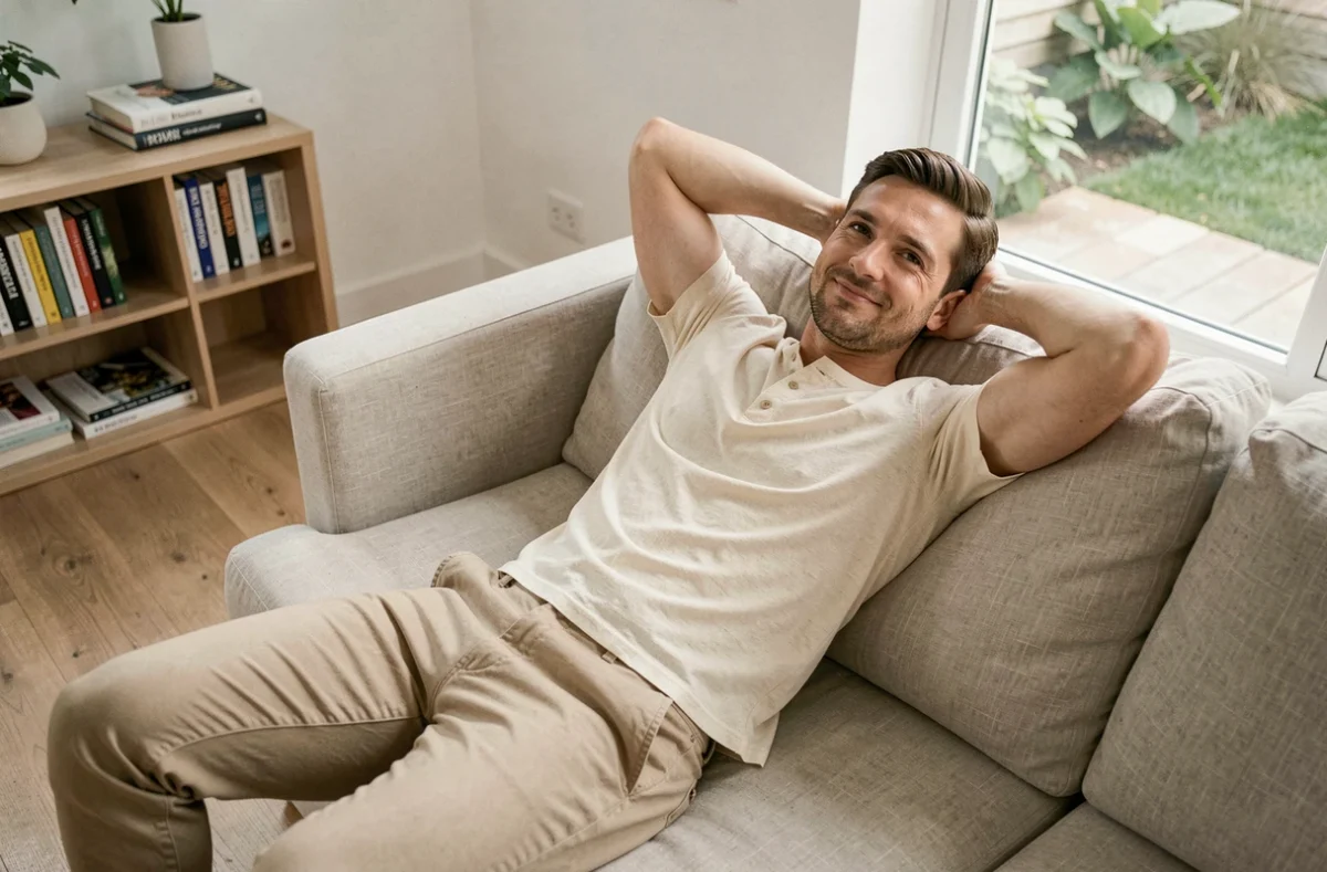 Homme détendu et souriant allongé dans un salon minimaliste, portrait intimiste sur le thème de la romance et du désir masculin