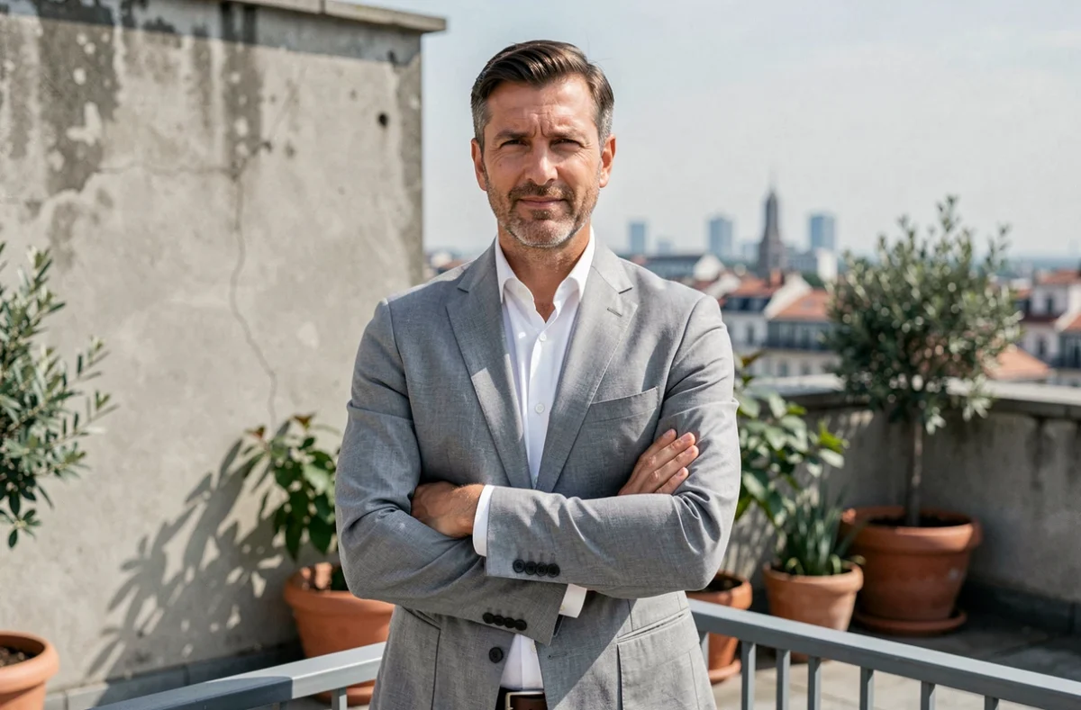 Homme sûr de lui sur une terrasse urbaine, portrait éditorial évoquant la séduction et le charme masculin en ville