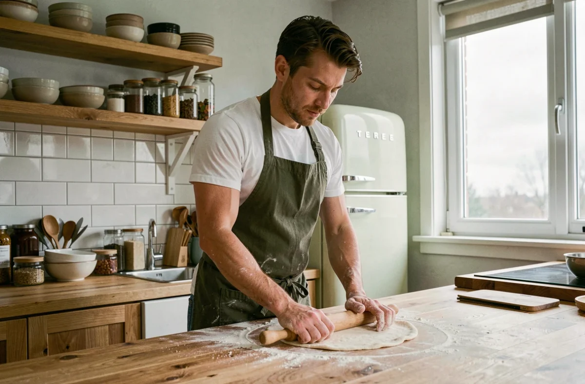 Homme seul chez lui qui cuisine une recette de pizza dans sa cuisine moderne