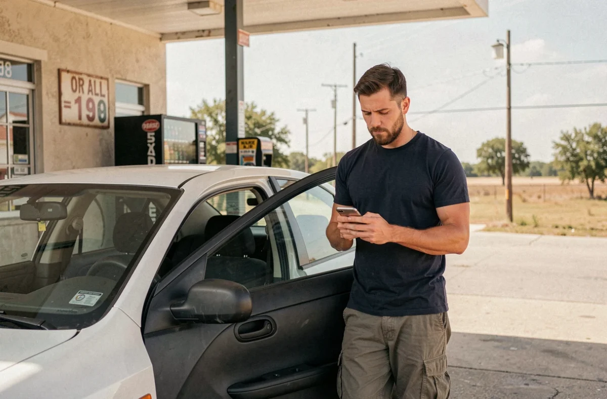 Homme faisant le plein et consultant son téléphone dans une station-service isolée du Texas