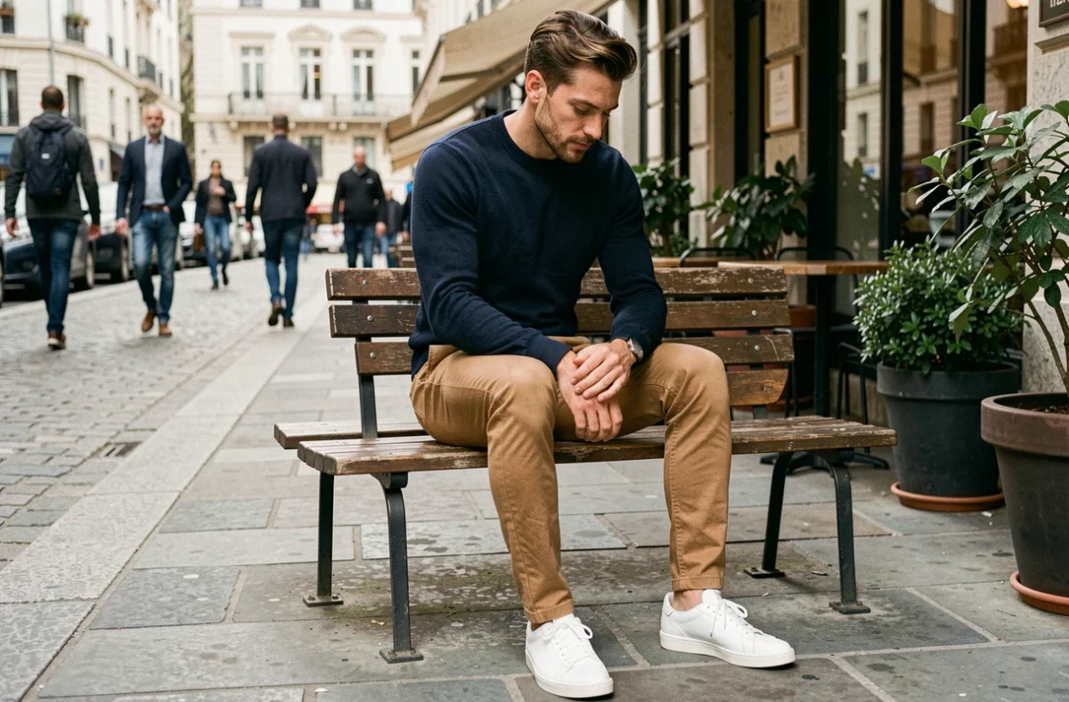 Homme bien habillé assis devant un café urbain évaluant son style vestimentaire au quotidien
