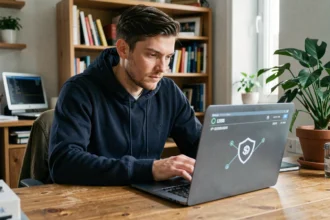 Homme vérifiant son statut VPN sur un ordinateur portable dans un bureau à domicile
