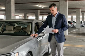 Un homme en costume inspect une voiture de direction dans un parking d'entreprise