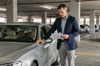 Un homme en costume inspect une voiture de direction dans un parking d'entreprise