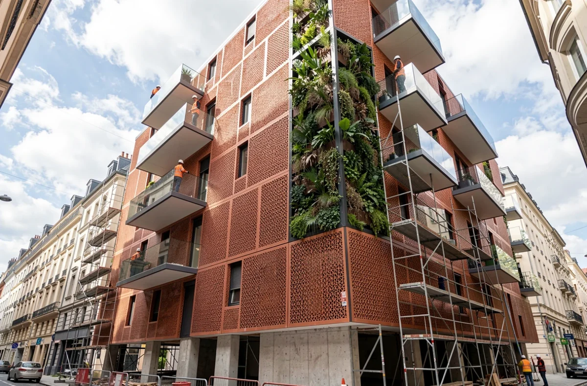 Immeuble futuriste en construction avec façade paramétrique en terre cuite et murs végétalisés dans une ville européenne