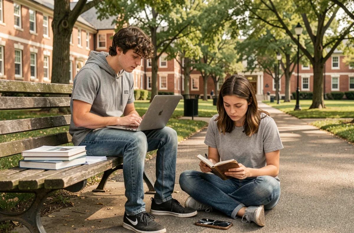 Deux étudiants sur un campus illustrant l'inégalité d'accès aux ressources éducatives et numériques