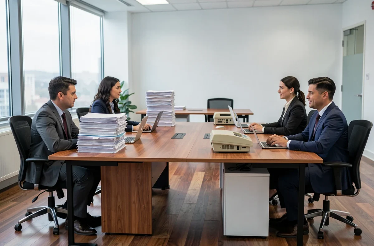Réunion professionnelle montrant une inégalité de ressources entre participants autour d'une table de conférence