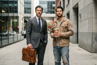 Deux hommes côte à côte illustrant l'inégalité sociale en milieu urbain, l'un en costume, l'autre en vêtements usés