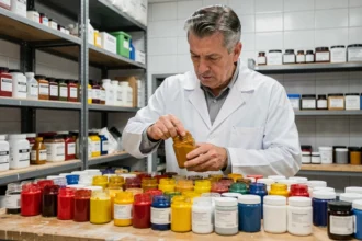 Chimiste examinant des pots de pigments colorés dans un laboratoire de formulation de peinture