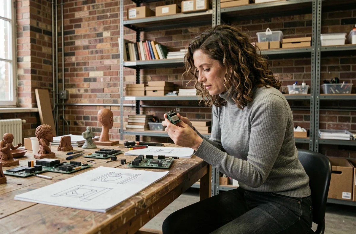 Innovatrice tenant un prototype dans un espace de co-working industriel avec murs en briques et esquisses de conception