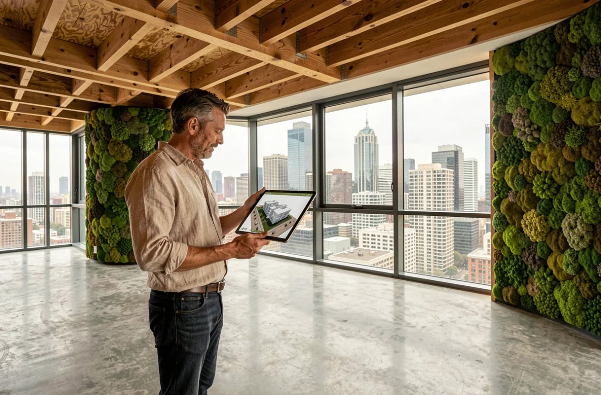 Intérieur d'appartement contemporain 2026 avec poutres en bois lamellé-croisé, mur végétal et vue sur skyline urbain