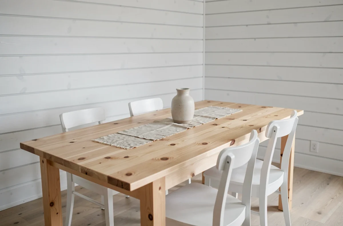 Intérieur scandinave minimaliste avec table en pin massif aux nœuds apparents et chaises en bois blanc laqué