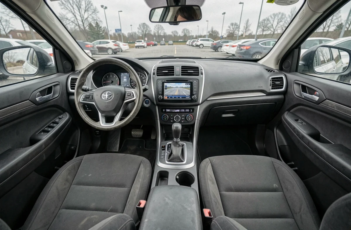 Intérieur d'un SUV d'occasion avec tableau de bord et habitacle révélant l'état général et la fiabilité du véhicule