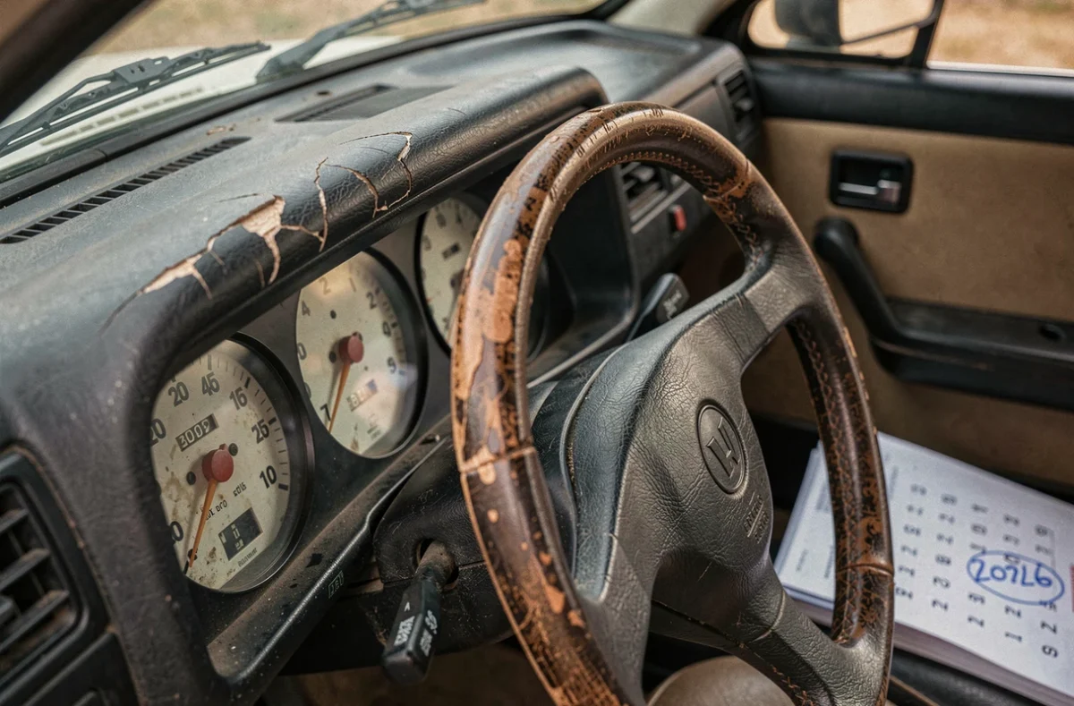 Intérieur vieillissant d'une voiture ancienne avec calendrier 2026 sur le siège passager, symbole des restrictions automobiles à venir en France