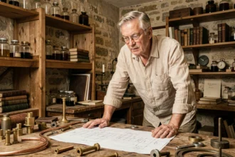 Ingénieur français du XIXe siècle penché sur des plans de moteur à eau dans un atelier historique