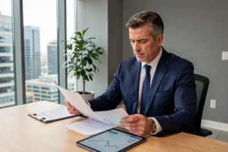 Homme en costume analysant des documents financiers liés aux investissements en SCPI dans un bureau moderne