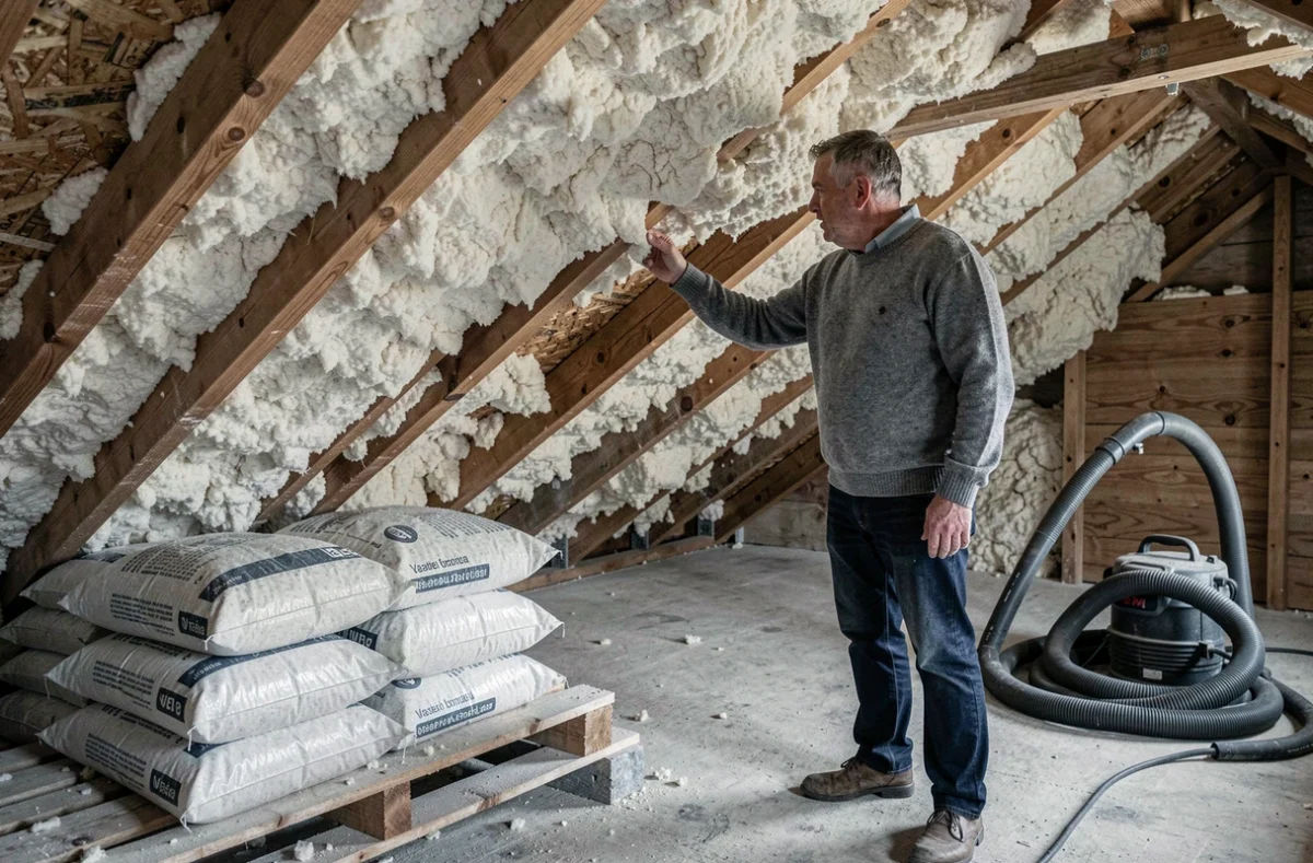 Propriétaire inspectant l'isolation en ouate de cellulose soufflée dans les combles d'une maison en cours de rénovation thermique