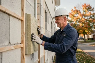 Ouvrier posant des panneaux d'isolation thermique par l'extérieur sur une maison individuelle en rénovation énergétique
