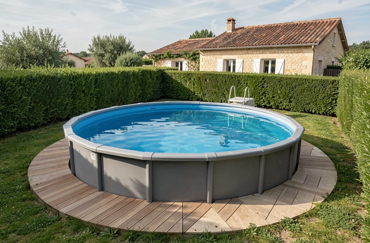 Vue large d'un jardin avec piscine hors-sol ronde et terrasse en bois dans une maison individuelle française