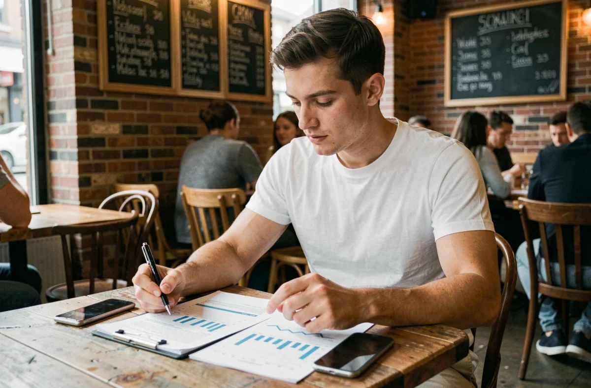 Jeune entrepreneur analysant un business plan dans un café urbain pour créer son entreprise en solo
