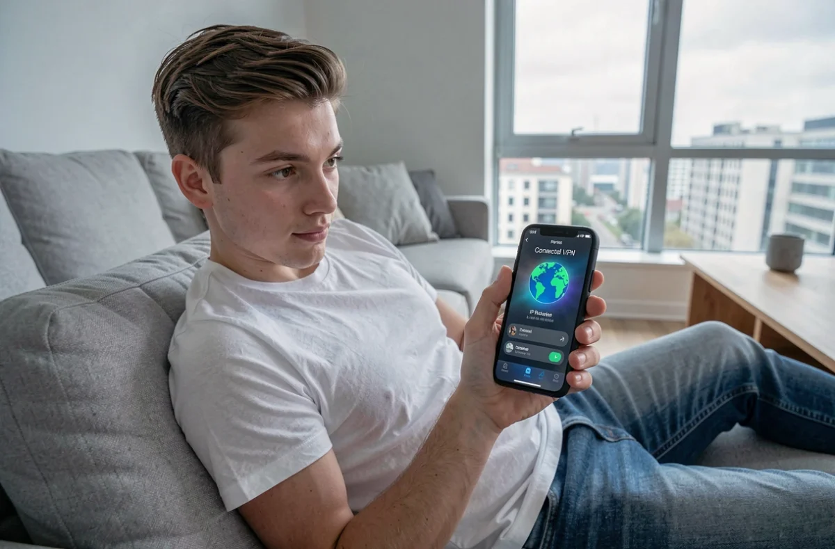 Jeune homme vérifiant l'application VPN sur son smartphone allongé sur un canapé dans un appartement moderne