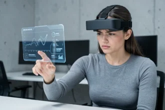 Femme portant un casque de réalité augmentée face à un bug d'interface holographique dans un bureau minimaliste