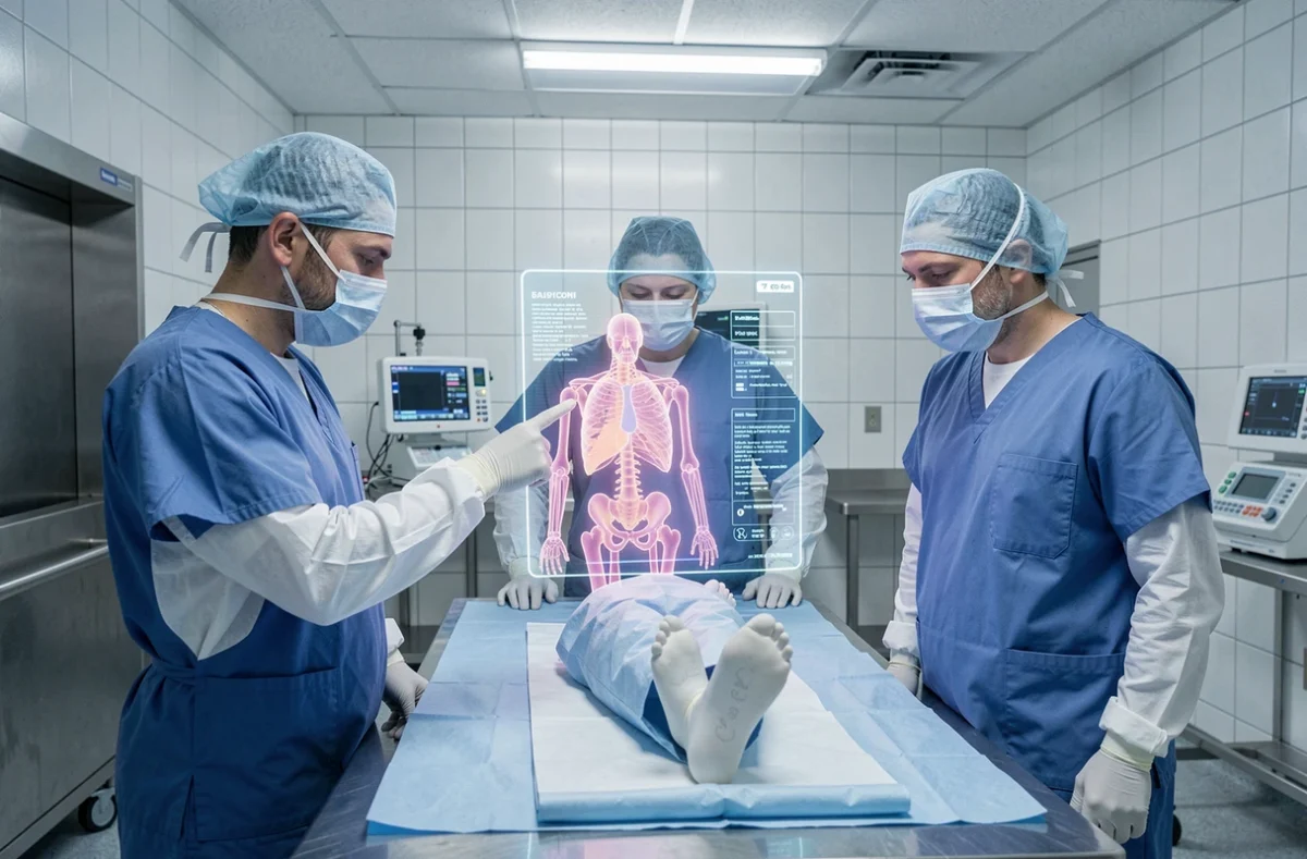 Équipe médicale confrontée aux limites d'un système de réalité augmentée chirurgicale dans une salle de simulation hospitalière