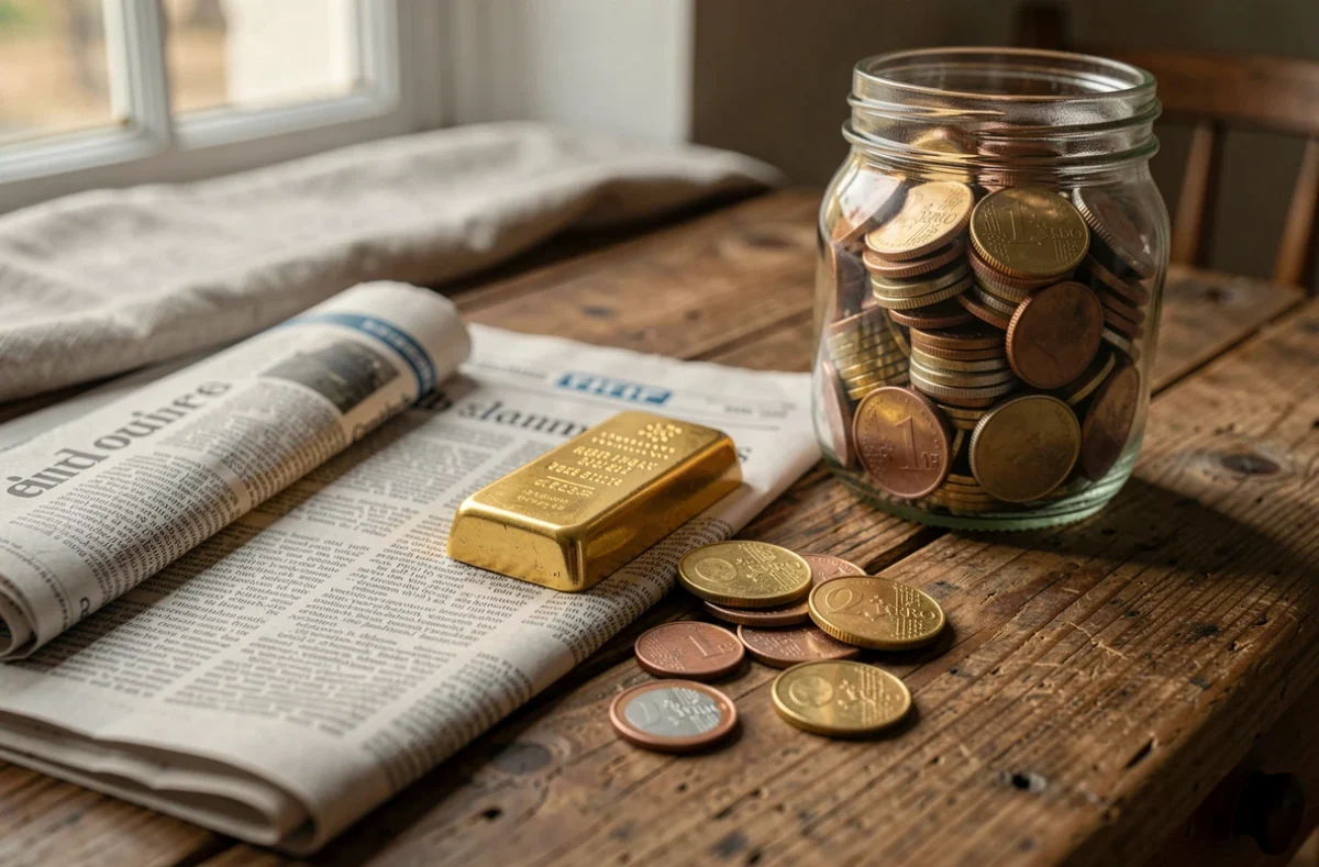 Nature morte symbolique avec lingot d'or, pièces en euros et journal financier sur une table en chêne, illustrant les choix de placement en stagflation