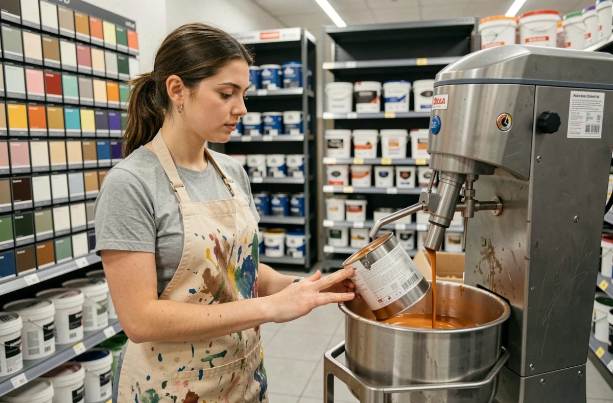 Employée de magasin observant une machine à teinter de la peinture dans un rayon de bricolage
