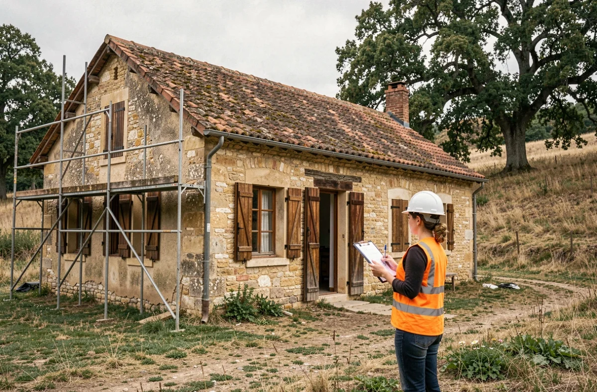 Maison de campagne en rénovation avec échafaudage, illustrant les travaux éligibles à la prime Renov pour une résidence secondaire