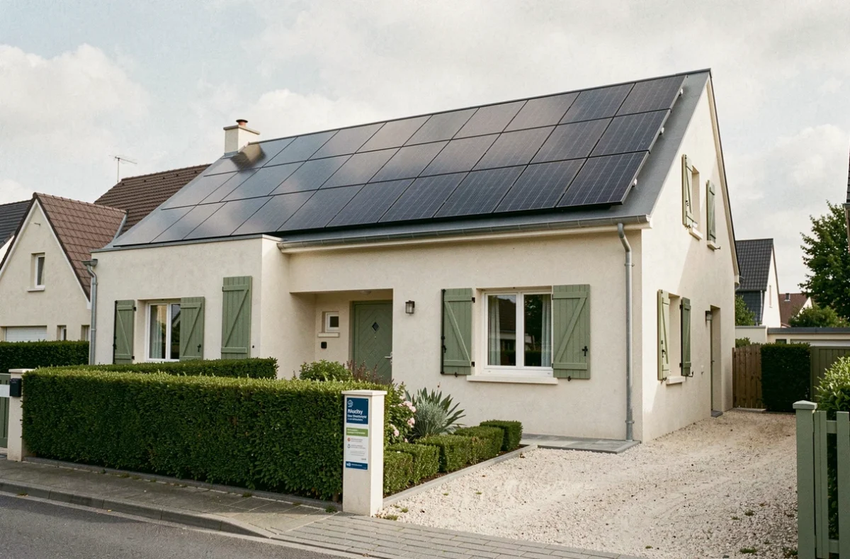 Maison individuelle française équipée de panneaux photovoltaïques sur le toit dans le cadre d'une aide publique à la rénovation énergétique