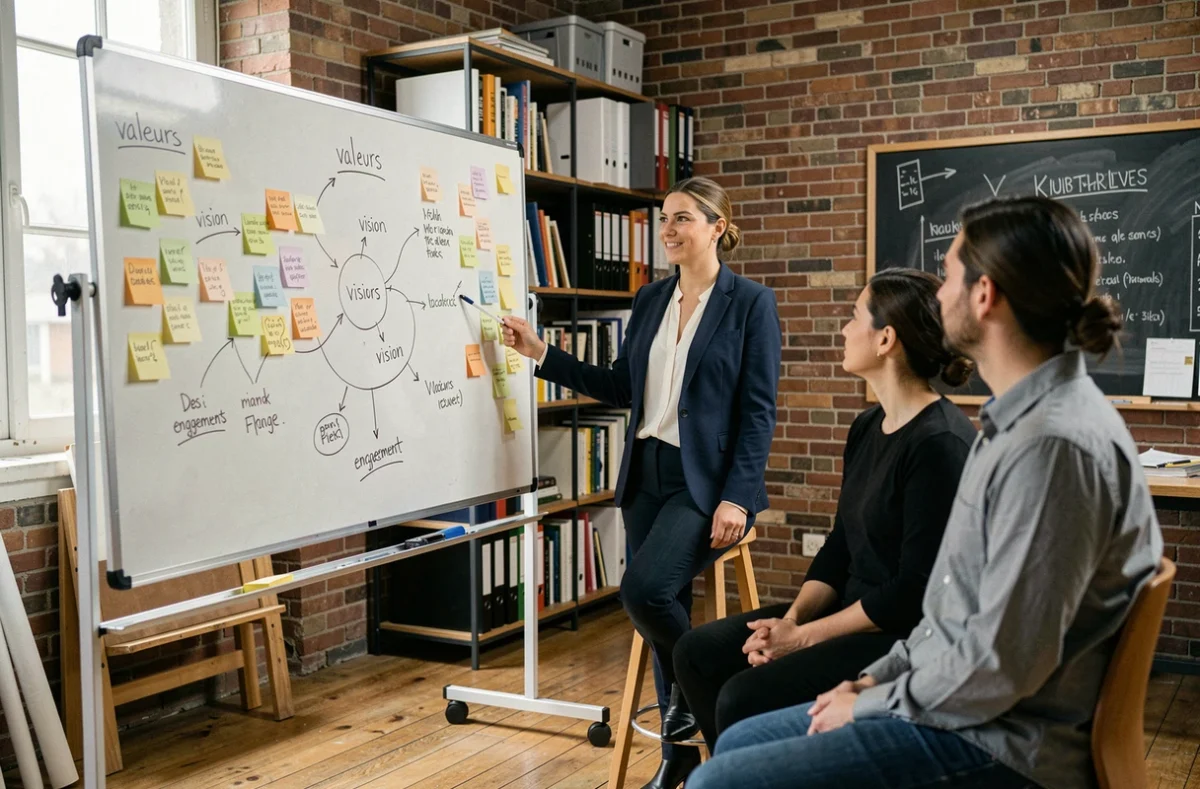 Manager présentant les valeurs d'entreprise à une équipe lors d'un atelier collaboratif sur la culture organisationnelle