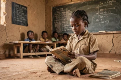Jeune écolière dans une salle de classe rudimentaire en Afrique subsaharienne, illustrant le manque d'accès à l'éducation dans les zones rurales