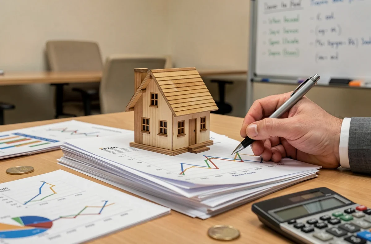 Maquette de maison en bois posée sur des documents financiers illustrant l'évolution des taux immobiliers en 2026