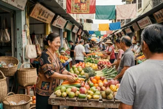 Marché local en Asie du Sud-Est avec une vendeuse proposant fruits et légumes frais à bas prix