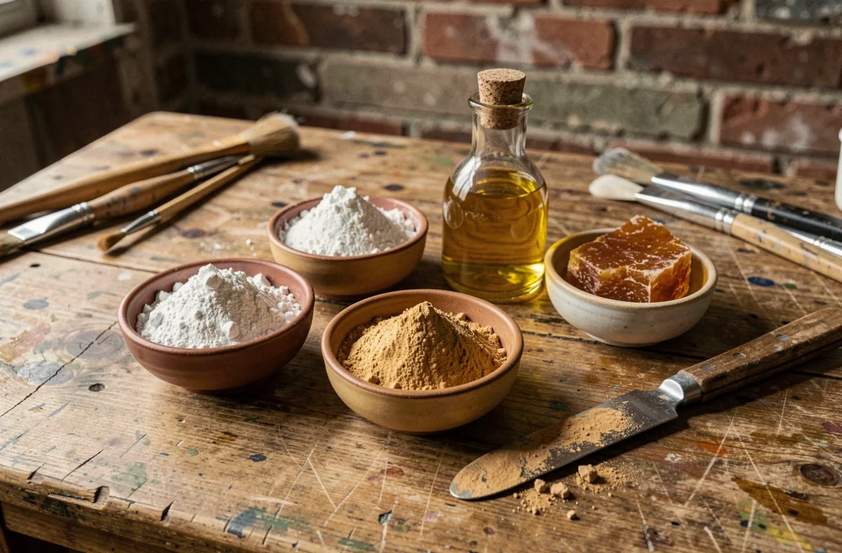 Matières premières de la peinture artistique dont pigments, huile de lin et résine naturelle sur une table en bois