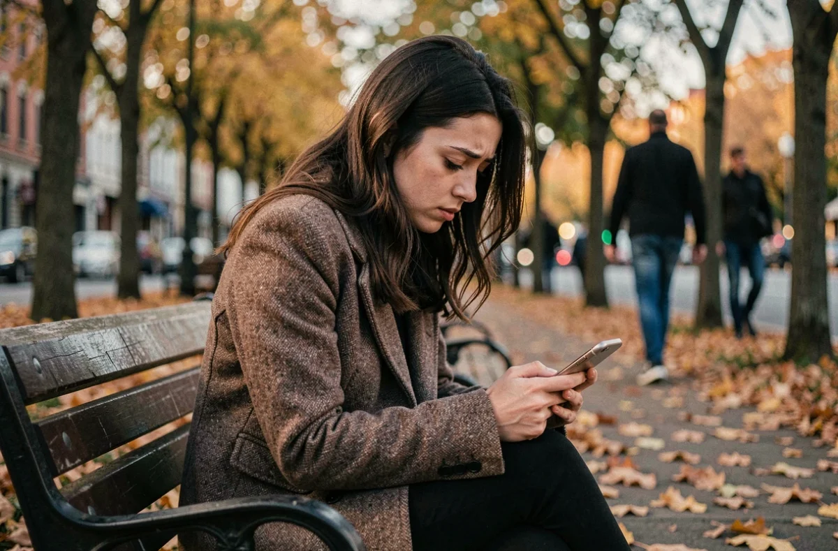 Jeune femme pensive assise seule sur un banc de parc, l'air émotionnellement épuisée, réfléchissant à des relations toxiques et à des mauvaises ondes reçues