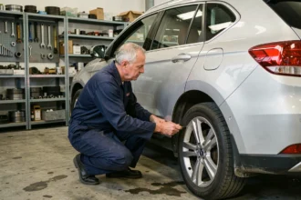 Mécanicien professionnel inspectant un SUV d'occasion en atelier automobile pour évaluer sa fiabilité