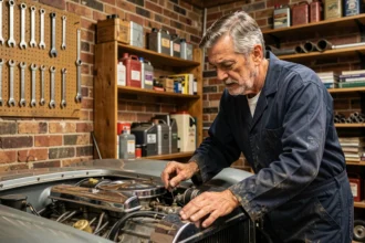 Mécanicien expérimenté inspectant le moteur d'une voiture de collection classique dans un garage vintage