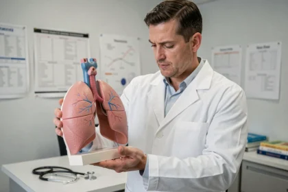 Médecin tenant un modèle anatomique du système respiratoire humain avec poumons et trachée dans un bureau médical moderne