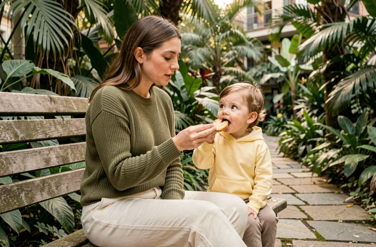 Jeune mère partageant un moment de détente avec son enfant de 3 ans dans un jardin botanique urbain lors d'un séjour touristique en famille