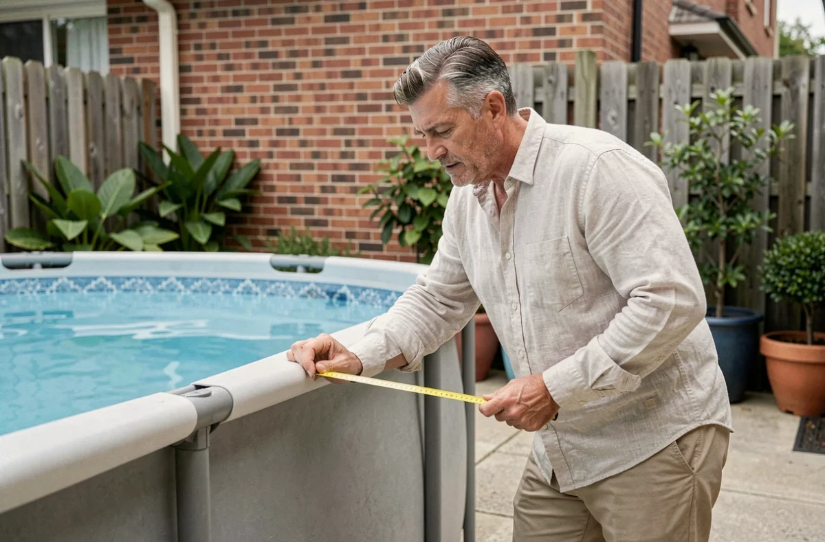 Homme mesurant la distance réglementaire entre une piscine hors-sol et la clôture du jardin