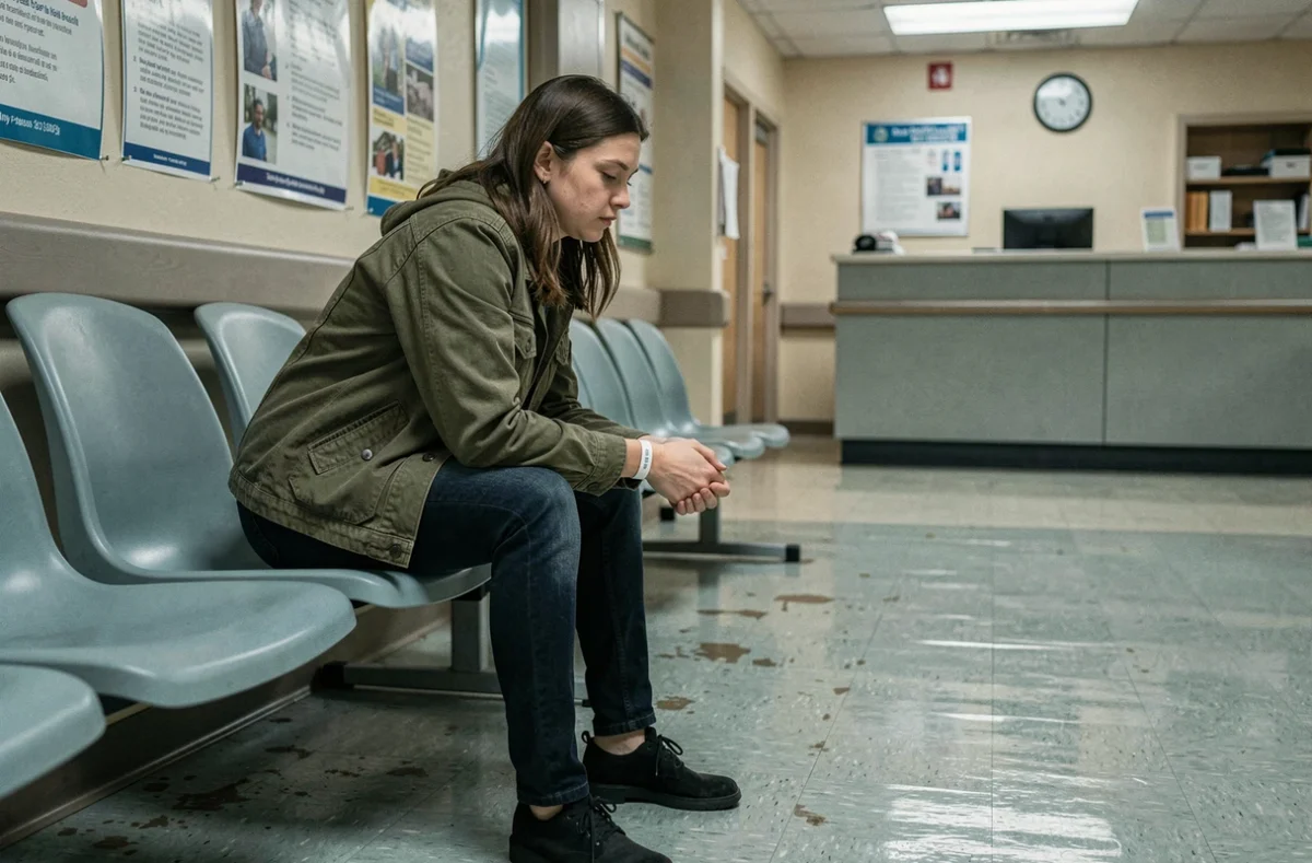 Jeune femme milléniale seule dans une salle d'attente d'hôpital, symbolisant les défis de santé mentale et physique touchant la génération Y