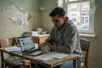 Homme millénial épuisé assis seul dans un appartement modeste face à des factures impayées, illustrant le stress financier et la précarité de la génération Y