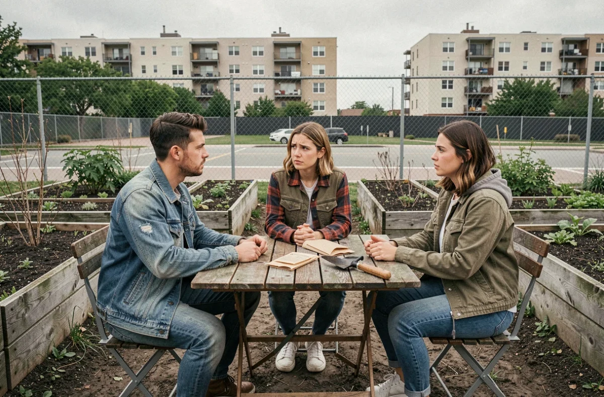 Groupe de millennials réunis dans un jardin communautaire urbain, représentant les tentatives d'entraide et de résilience face aux crises sociales de la génération Y
