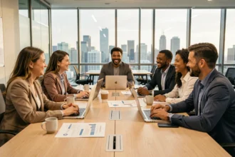 Équipe mixte et diversifiée en réunion dans une salle de conférence moderne, illustrant la mixité en entreprise
